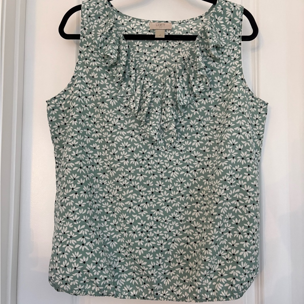 LOFT Petite LP Green Floral Ruffle Sleeveless Blouse Women Polyester